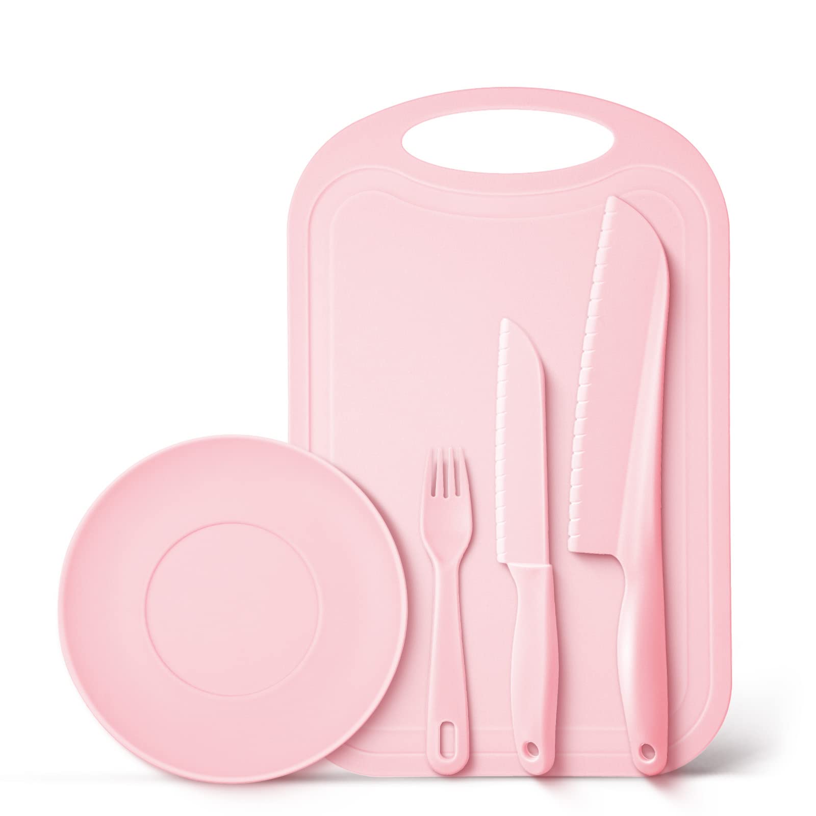 Hartya Kid-Safe Cooking Knife Set for Real Cooking with Cutting Board, Plastic Knives, Plate & Fork, BPA-Free Kids Knives/Toddler Knives (A Pink)