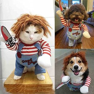 Chucky Deadly Pet Dog Costume Halloween Clothes Wig and Knife Novelty Funny Scary Props Outfit Apparel Accessories(Medium, pet Costume)