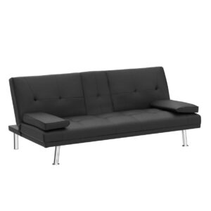 GEEVIVO Futon Sofa Bed, Modern Leather Living Room Sofa, Loveseat Folding Convertible Sofa, Couch Bed Sofa Pull Out with 2 Cup Holders with Armrest in The Middle(Black)