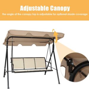 GRAFFY 3-Seat Deluxe Outdoor Swing with Weather Resistant Steel Frame & Polyester Angle Adjustable Tilt Canopy, 3 Person Porch Swing, Suitable for Patio, Garden, Poolside, Balcony, Brown