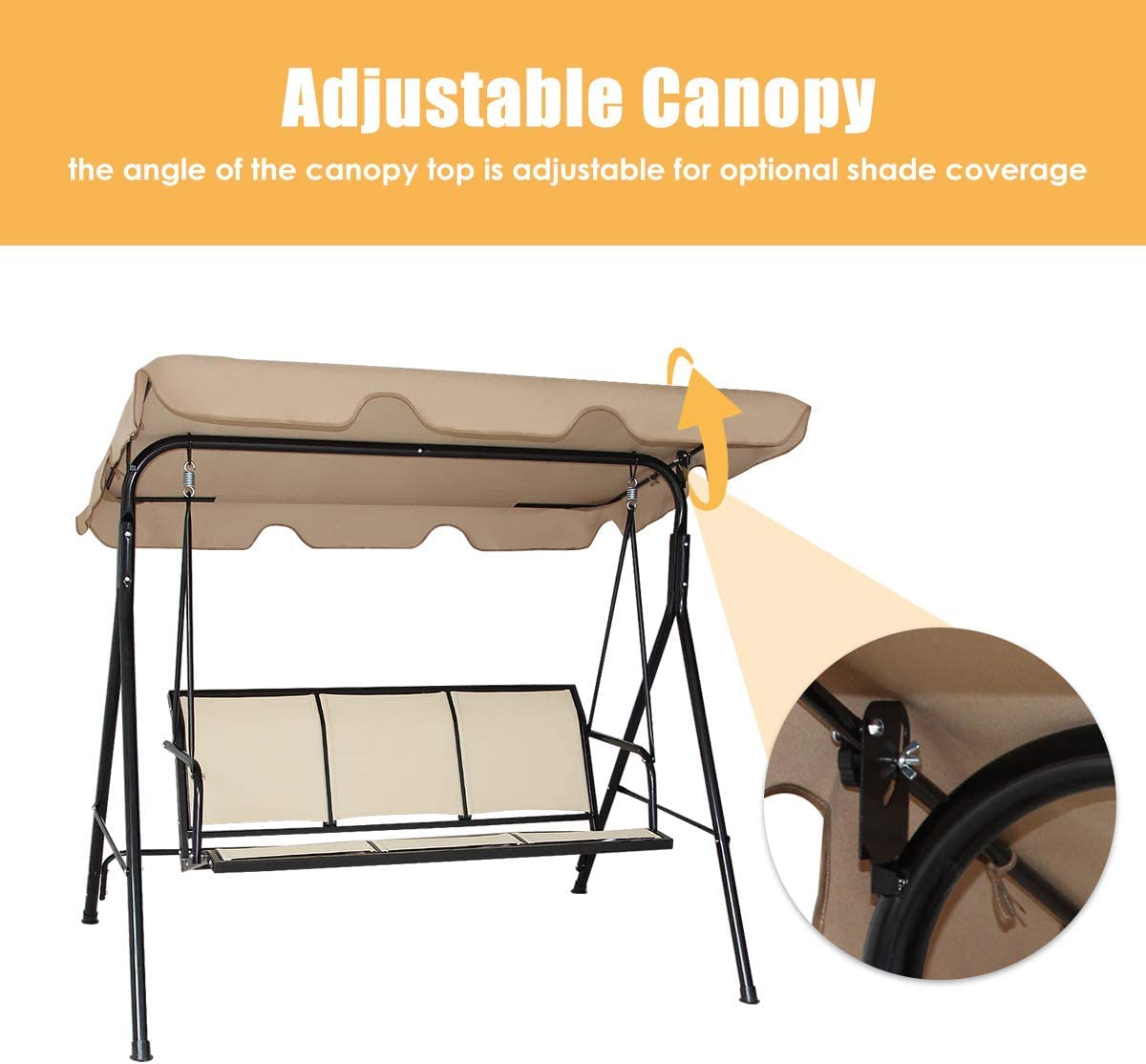 GRAFFY 3-Seat Deluxe Outdoor Swing with Weather Resistant Steel Frame & Polyester Angle Adjustable Tilt Canopy, 3 Person Porch Swing, Suitable for Patio, Garden, Poolside, Balcony, Brown