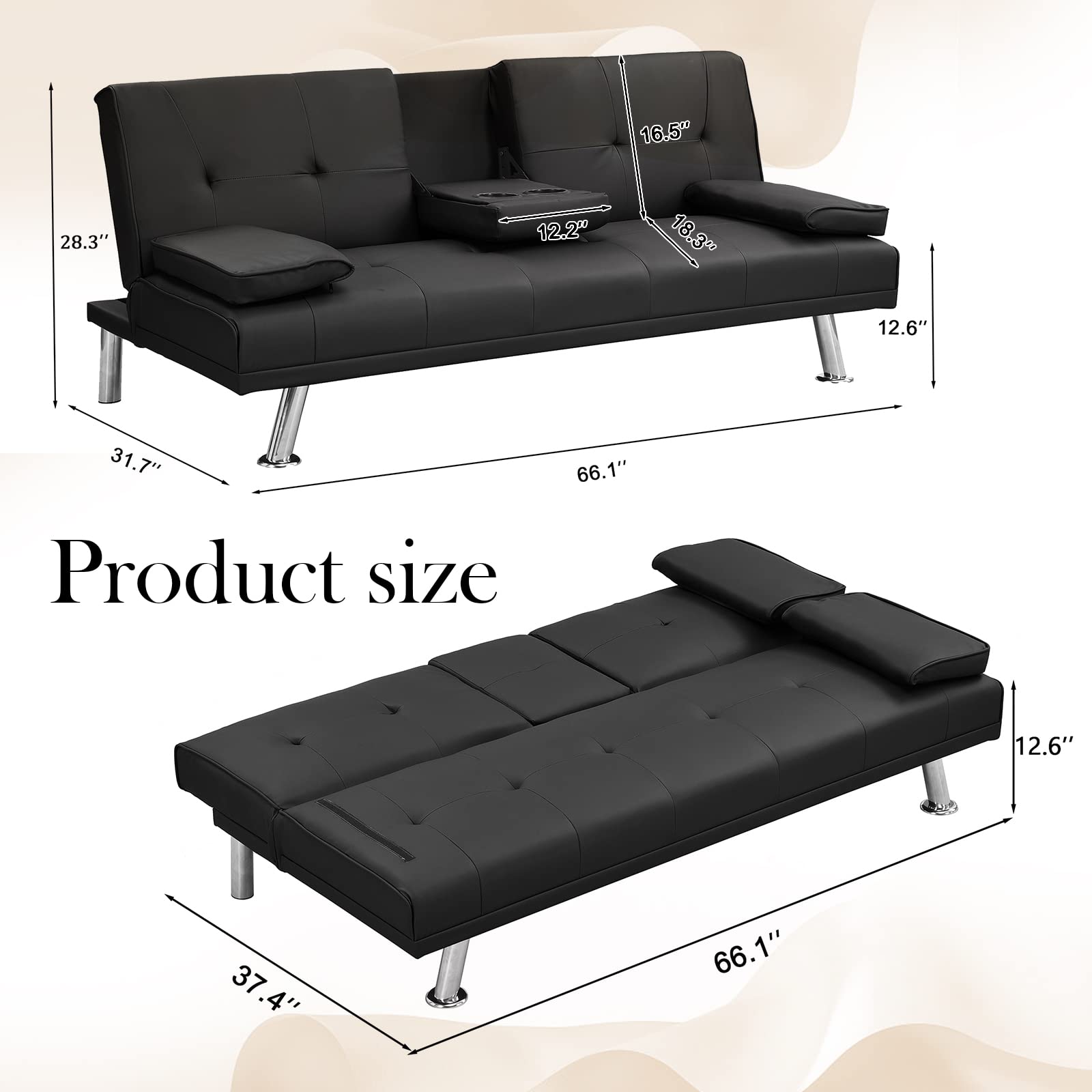 GEEVIVO Futon Sofa Bed, Modern Leather Living Room Sofa, Loveseat Folding Convertible Sofa, Couch Bed Sofa Pull Out with 2 Cup Holders with Armrest in The Middle(Black)