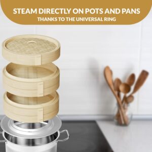 BELLA COOKS Bamboo Steamer for Cooking - Steamer Basket with a Ring - Fits every Pan & Pot - Dumpling Steamer - Incl. Extra Chopsticks & Silicone Liners