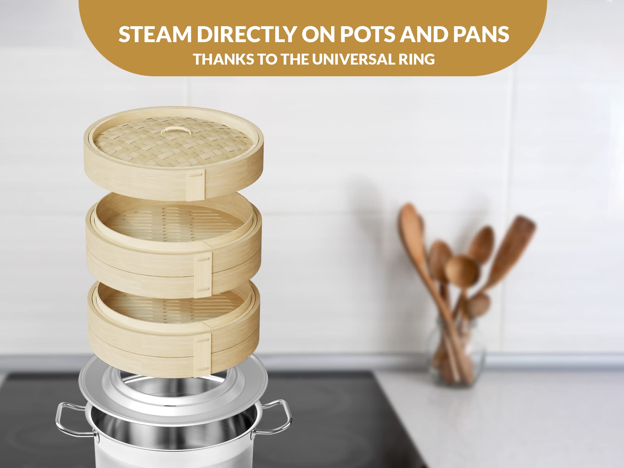 BELLA COOKS Bamboo Steamer for Cooking - Steamer Basket with a Ring - Fits every Pan & Pot - Dumpling Steamer - Incl. Extra Chopsticks & Silicone Liners