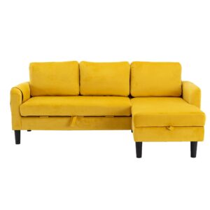 RXRRXY Sectional Sleeper Sofa Bed with Convertible Storage Chaise Lounge, Upholstered L-Shaped Pull Out Sofa Couch Bed with Side Pocket and 3 Removable Pillows for Living Room, Apartment (Yellow)