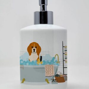 Caroline's Treasures WDK5737SOAP Tricolor Beagle in Bathtub Ceramic Soap Dispenser Hand Soap Dispenser Pump Bottles for Bathroom Kitchen, Empty Refillable Liquid Soap Container