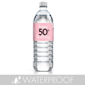 Pink, Black, and White 50th Birthday Party Water Bottle Labels - 24 Count, 50th Birthday Party Decorations for Women