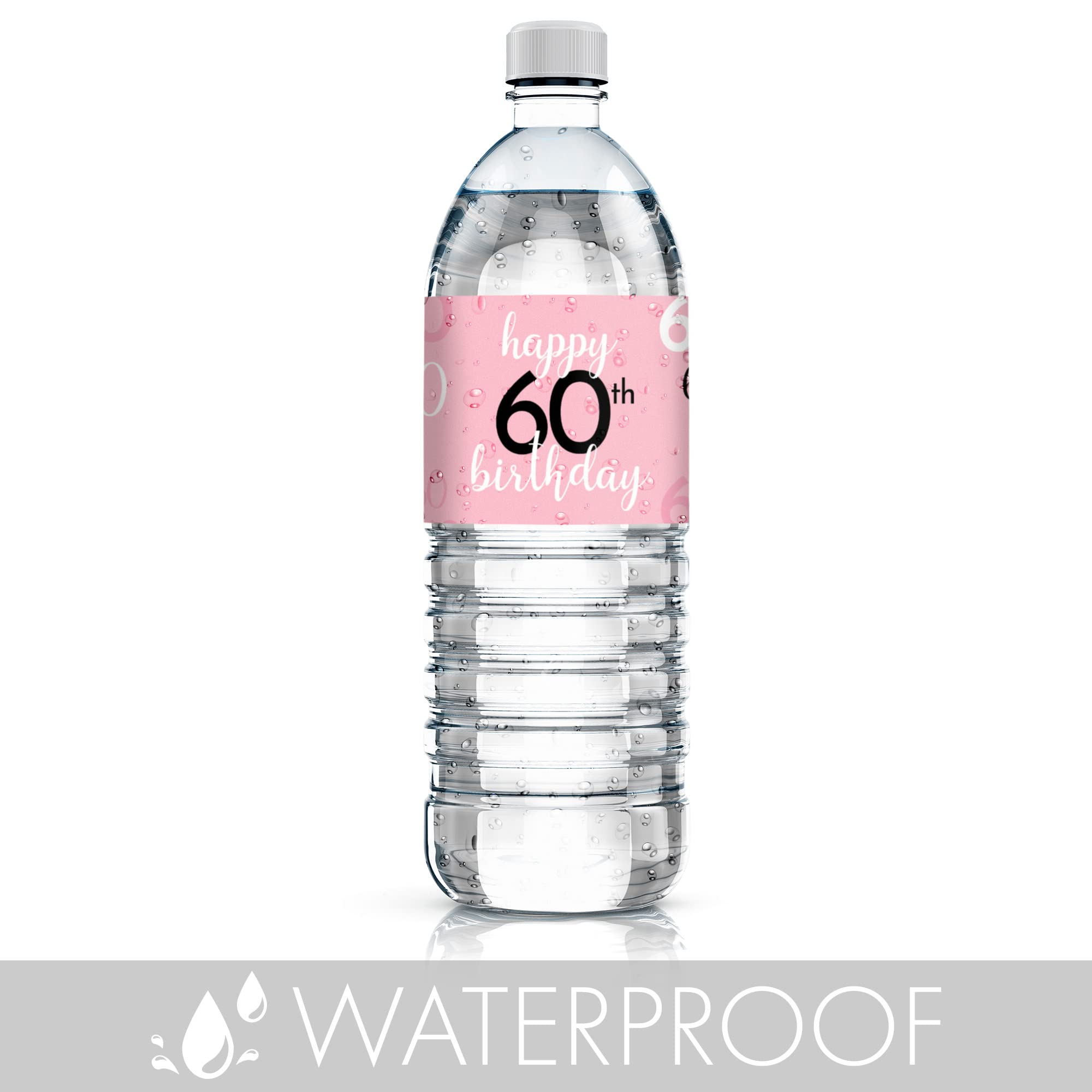 Pink, Black, and White 60th Birthday Party Water Bottle Labels - 24 Waterproof Wrappers, 60th Birthday Decorations for Women