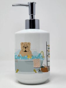 caroline's treasures wdk5821soap fawn english bulldog in bathtub ceramic soap dispenser hand soap dispenser pump bottles for bathroom kitchen, empty refillable liquid soap container