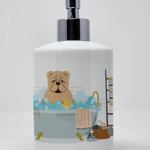 Caroline's Treasures WDK5821SOAP Fawn English Bulldog in Bathtub Ceramic Soap Dispenser Hand Soap Dispenser Pump Bottles for Bathroom Kitchen, Empty Refillable Liquid Soap Container