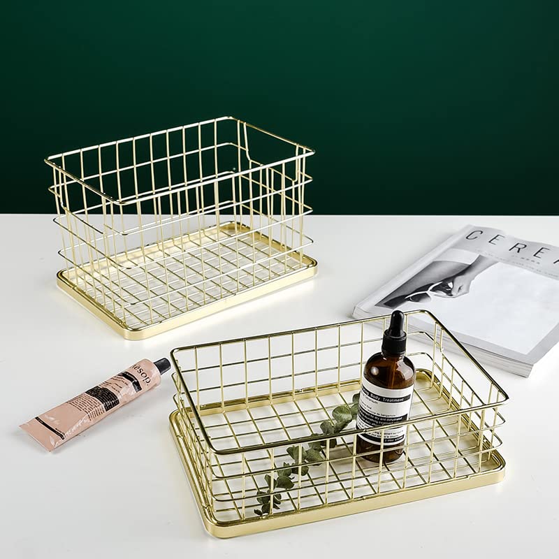 Set of 2 Stackable 10" Metal Wire Storage Basket Bins With Handles (Gold Wide Mesh Base)