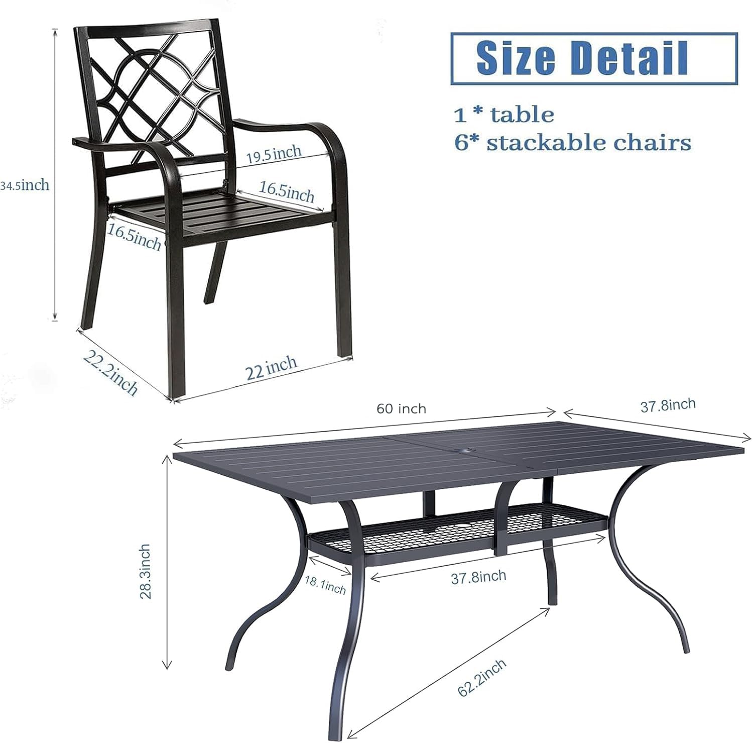 Crownland 7 PCS Furniture Patio Dining Set, 6 Stackable Metal Chairs and Rectangular Outdoor Dining Table with 1.57" Umbrella Hole, Suitable for Backyard, Lawn, Garden (Metal Tabletop)