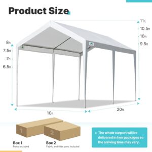 ADVANCE OUTDOOR Adjustable 10x20 ft Heavy Duty Carports Car Canopy Garage Boat Shelter Party Tent, Adjustable Height from 9.5 ft to 11 ft, White