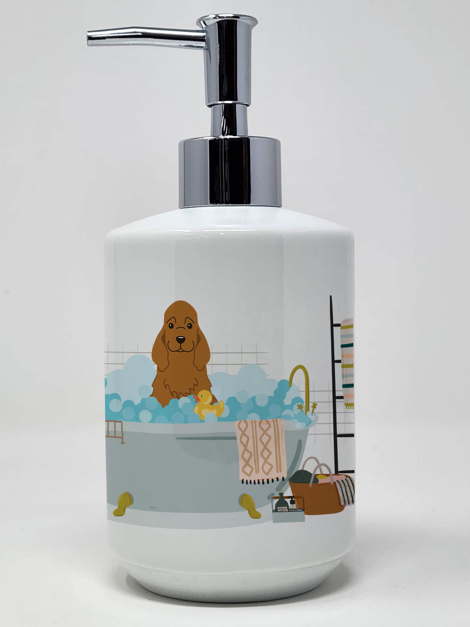 Caroline's Treasures WDK5792SOAP Red Cocker Spaniel in Bathtub Ceramic Soap Dispenser Hand Soap Dispenser Pump Bottles for Bathroom Kitchen, Empty Refillable Liquid Soap Container