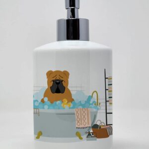 Caroline's Treasures WDK5819SOAP Red English Bulldog in Bathtub Ceramic Soap Dispenser Hand Soap Dispenser Pump Bottles for Bathroom Kitchen, Empty Refillable Liquid Soap Container