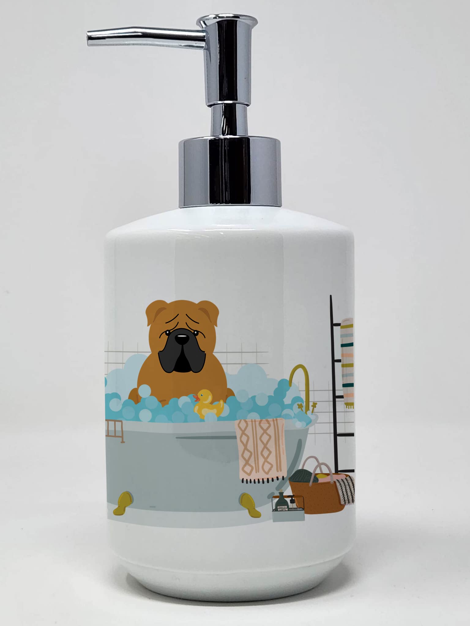 Caroline's Treasures WDK5819SOAP Red English Bulldog in Bathtub Ceramic Soap Dispenser Hand Soap Dispenser Pump Bottles for Bathroom Kitchen, Empty Refillable Liquid Soap Container