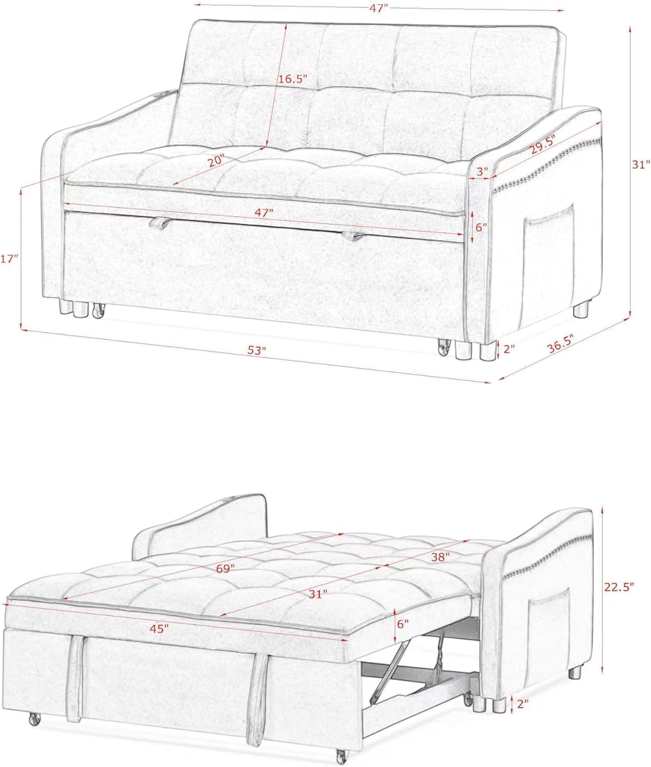 Velvet Upholstered Loveseat Sleeper Sofa w/Side Storage Pockets, 55" 2-Seaters Sofá with Pull-Out Couch Bed with 2 Pillows & Adjustable Backrest for Living Room Apartment Office Compact Space, Black