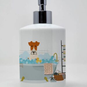 Caroline's Treasures WDK5798SOAP Wire Fox Terrier in Bathtub Ceramic Soap Dispenser Hand Soap Dispenser Pump Bottles for Bathroom Kitchen, Empty Refillable Liquid Soap Container