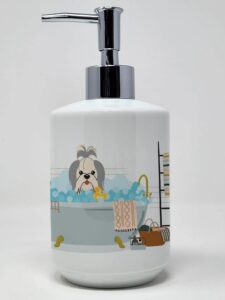 caroline's treasures wdk5782soap silver white shih tzu in bathtub ceramic soap dispenser hand soap dispenser pump bottles for bathroom kitchen, empty refillable liquid soap container