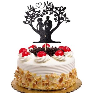 romantic mr & mrs under the tree wedding cake topper, bride and groom, funny love cake party decorations, black glitter