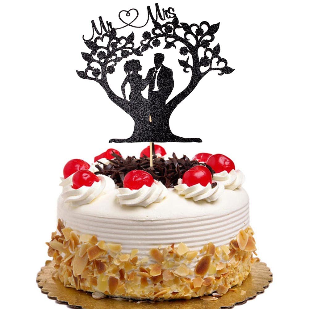 Romantic Mr & Mrs Under the Tree Wedding Cake Topper, Bride and Groom, Funny Love Cake Party Decorations, Black Glitter