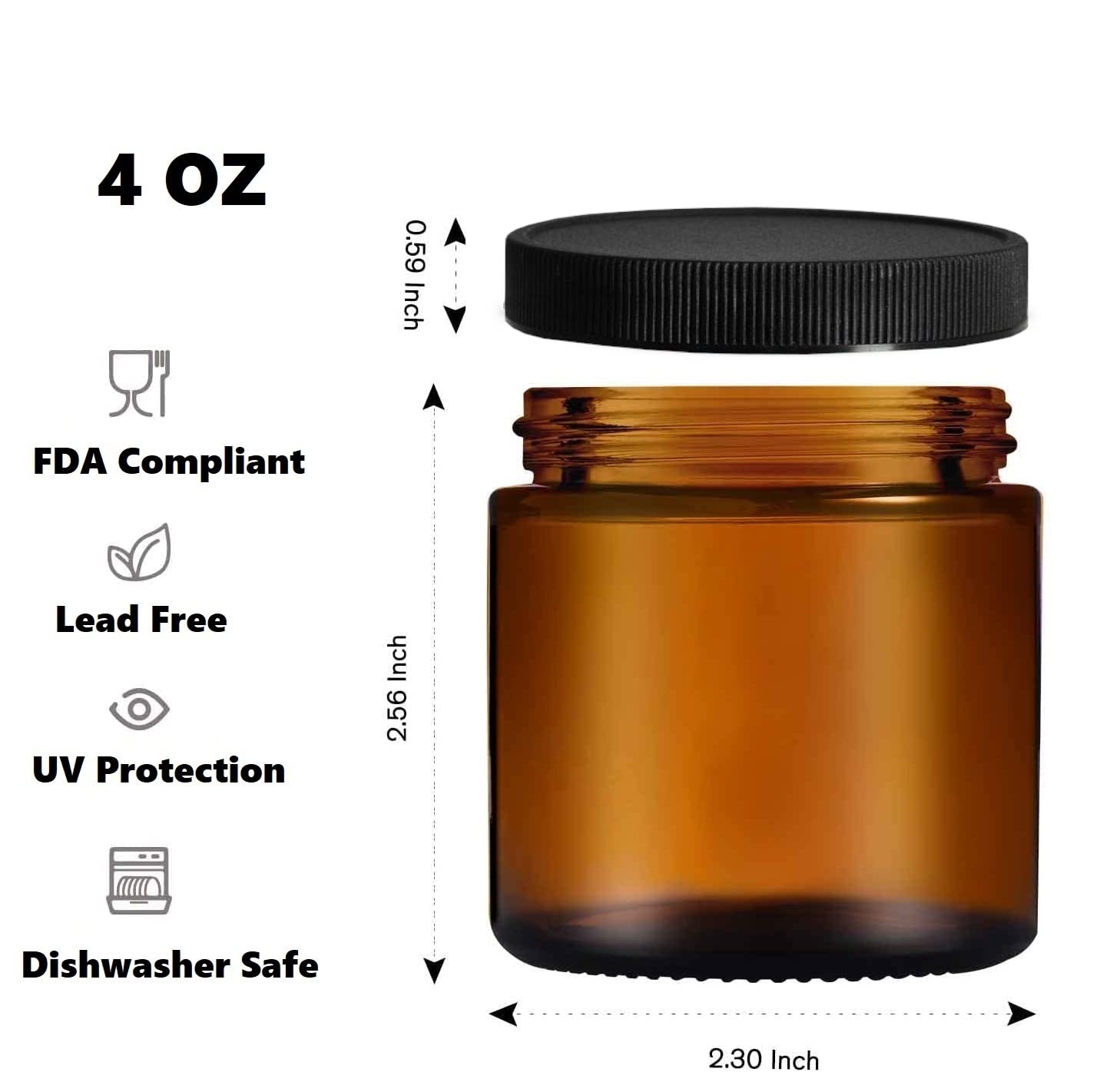 4oz Amber Glass Jar With Lids - FDA COMPLIANT Glass, BPA Free - Small Travel Container Jars - Perfect Filling For Lotion, Moisturizer, Medicine, Pill, Face Cream, Mask - 2 packs