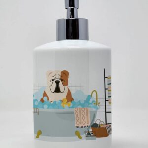 Caroline's Treasures WDK5822SOAP Fawn White English Bulldog in Bathtub Ceramic Soap Dispenser Hand Soap Dispenser Pump Bottles for Bathroom Kitchen, Empty Refillable Liquid Soap Container