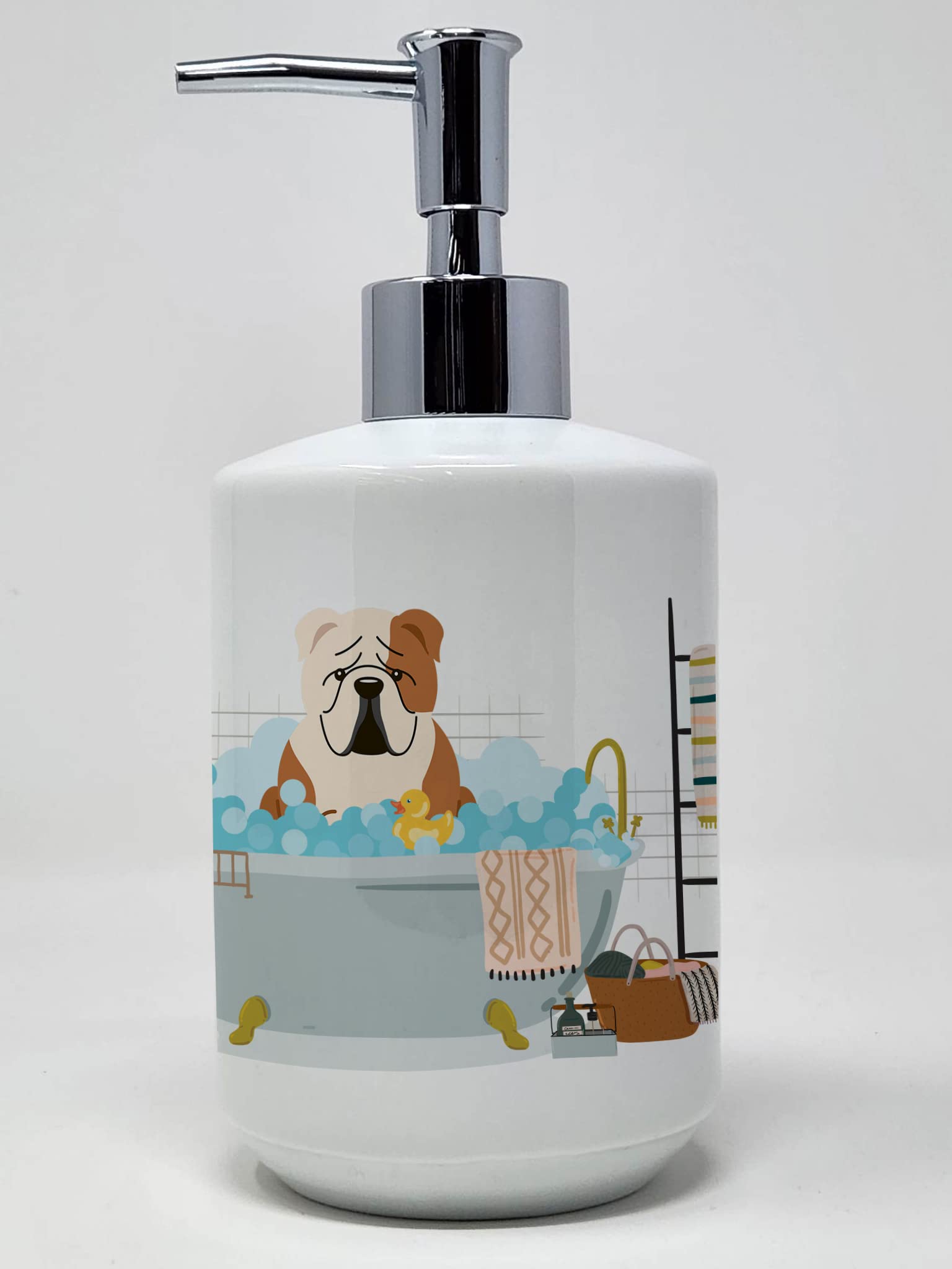 Caroline's Treasures WDK5822SOAP Fawn White English Bulldog in Bathtub Ceramic Soap Dispenser Hand Soap Dispenser Pump Bottles for Bathroom Kitchen, Empty Refillable Liquid Soap Container