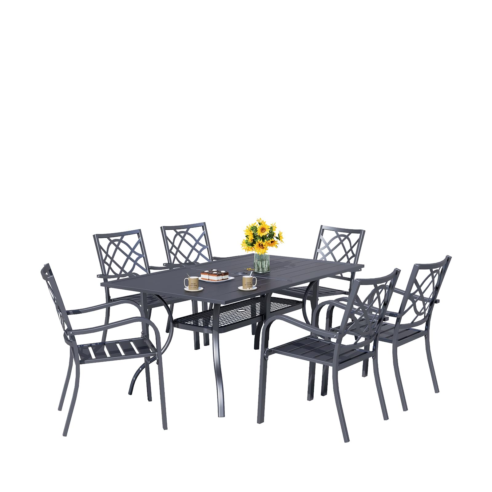 Crownland 7 PCS Furniture Patio Dining Set, 6 Stackable Metal Chairs and Rectangular Outdoor Dining Table with 1.57" Umbrella Hole, Suitable for Backyard, Lawn, Garden (Metal Tabletop)