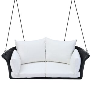 Outdoor Patio Wicker Porch Swings, 51.9" Wide 2 Person Hanging Chair Loveseat with Black Woven Rattan and White Cushions