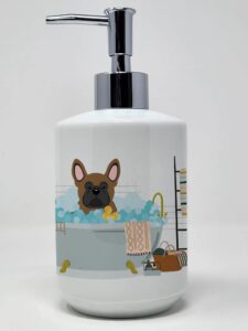 caroline's treasures wdk5710soap brown french bulldog in bathtub ceramic soap dispenser hand soap dispenser pump bottles for bathroom kitchen, empty refillable liquid soap container