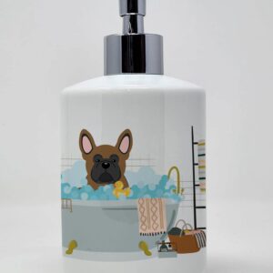 Caroline's Treasures WDK5710SOAP Brown French Bulldog in Bathtub Ceramic Soap Dispenser Hand Soap Dispenser Pump Bottles for Bathroom Kitchen, Empty Refillable Liquid Soap Container