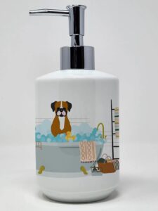 caroline's treasures wdk5813soap flashy fawn boxer in bathtub ceramic soap dispenser hand soap dispenser pump bottles for bathroom kitchen, empty refillable liquid soap container