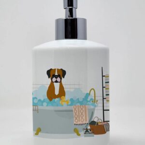 Caroline's Treasures WDK5813SOAP Flashy Fawn Boxer in Bathtub Ceramic Soap Dispenser Hand Soap Dispenser Pump Bottles for Bathroom Kitchen, Empty Refillable Liquid Soap Container