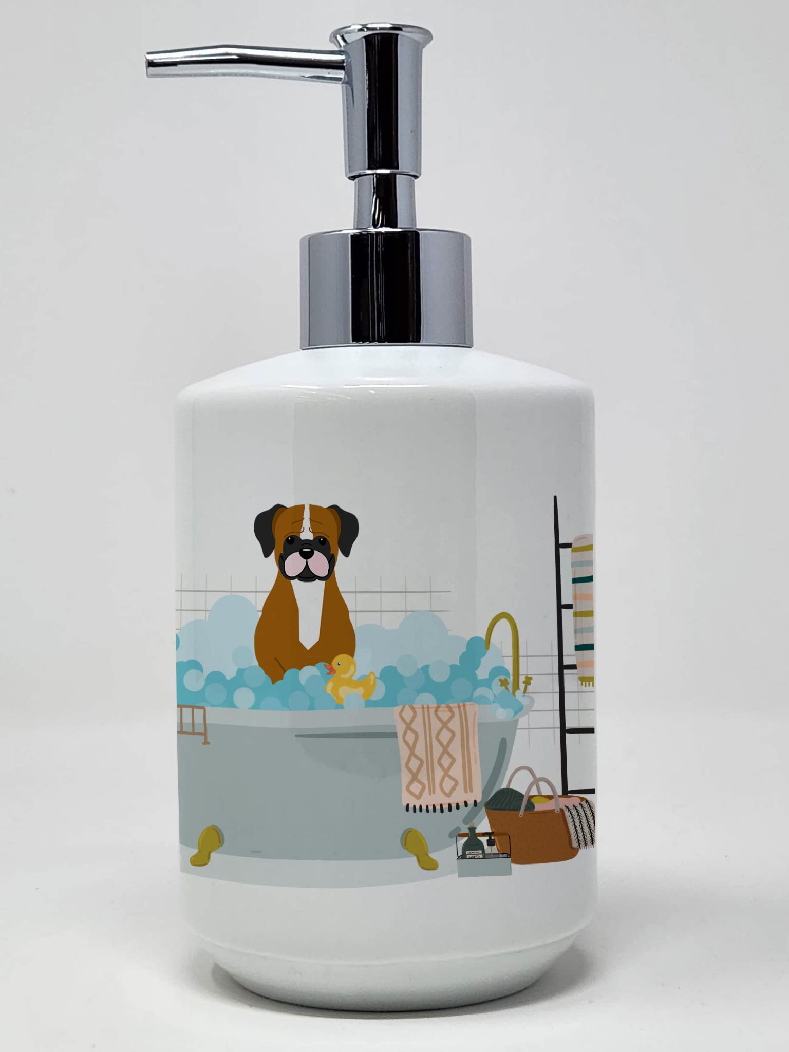 Caroline's Treasures WDK5813SOAP Flashy Fawn Boxer in Bathtub Ceramic Soap Dispenser Hand Soap Dispenser Pump Bottles for Bathroom Kitchen, Empty Refillable Liquid Soap Container