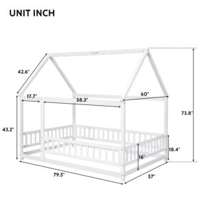 i-POOK Full Size House Bed Wooden Floor Bed with Roof and Fence Guardrails Montessori Bed Playhouse Bed for Children Girls and Boys, White(No Bed Slats)