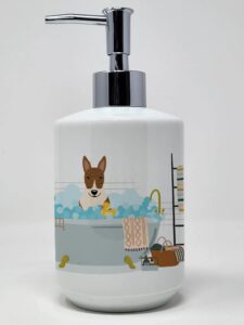 caroline's treasures wdk5834soap brindle bull terrier in bathtub ceramic soap dispenser hand soap dispenser pump bottles for bathroom kitchen, empty refillable liquid soap container