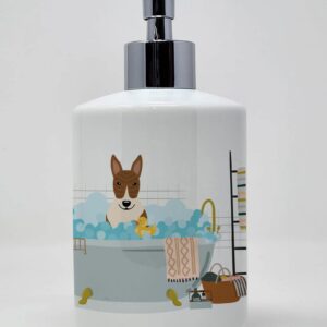 Caroline's Treasures WDK5834SOAP Brindle Bull Terrier in Bathtub Ceramic Soap Dispenser Hand Soap Dispenser Pump Bottles for Bathroom Kitchen, Empty Refillable Liquid Soap Container