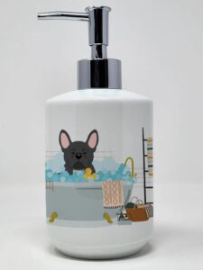 caroline's treasures wdk5711soap black french bulldog in bathtub ceramic soap dispenser hand soap dispenser pump bottles for bathroom kitchen, empty refillable liquid soap container