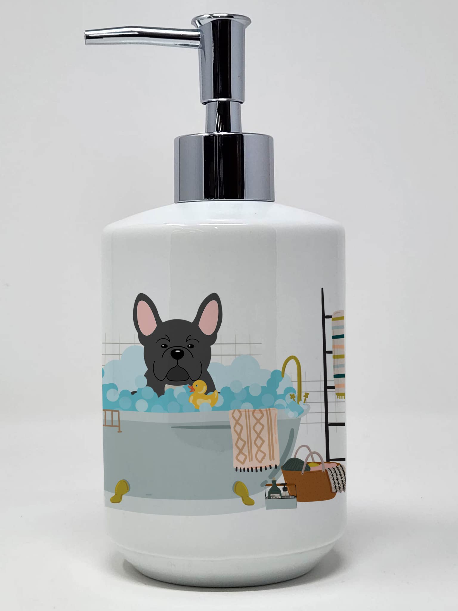 Caroline's Treasures WDK5711SOAP Black French Bulldog in Bathtub Ceramic Soap Dispenser Hand Soap Dispenser Pump Bottles for Bathroom Kitchen, Empty Refillable Liquid Soap Container