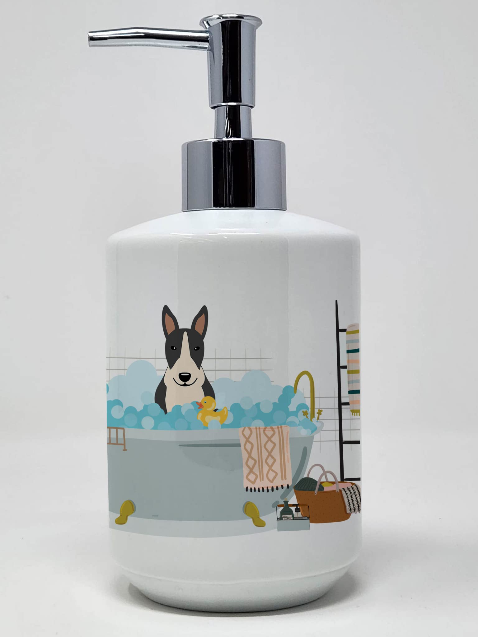 Caroline's Treasures WDK5830SOAP Black White Bull Terrier in Bathtub Ceramic Soap Dispenser Hand Soap Dispenser Pump Bottles for Bathroom Kitchen, Empty Refillable Liquid Soap Container