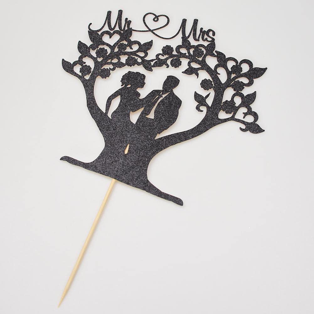 Romantic Mr & Mrs Under the Tree Wedding Cake Topper, Bride and Groom, Funny Love Cake Party Decorations, Black Glitter