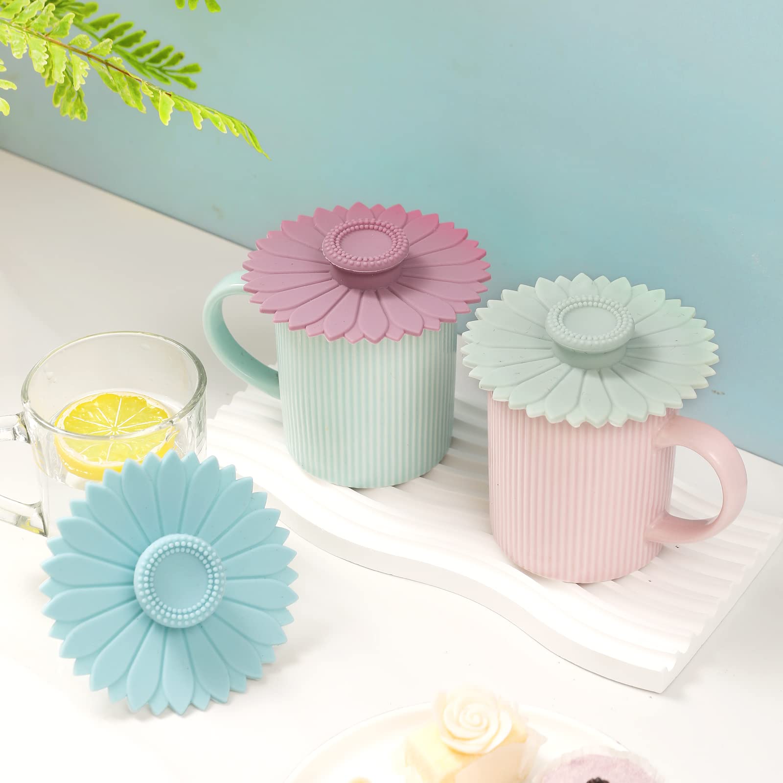 Sunflower Silicone Cup Covers (Set of 3) ， Multicolored Silicone Lids for Mugs, Cups, Tea Pots,Flexible Mug Covers，Hot Cup Lids for Coffee & Tea