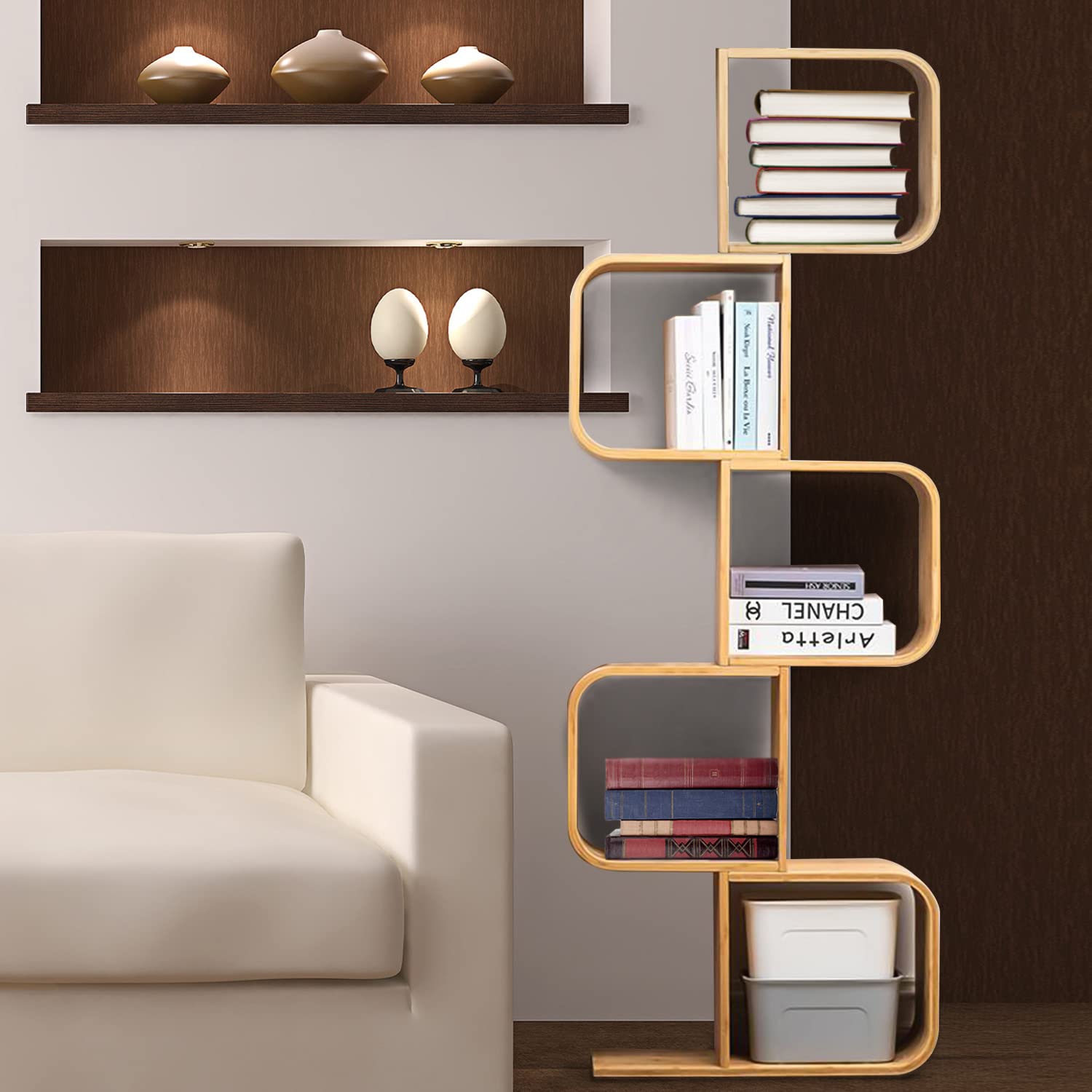 5-Tier S-Shaped Geometric Modern Bamboo Bookshelf, Large Capacity Creative Display Curved Rack Free-Standing Bedside Table 2 in 1 Bookcase Storage CDs, DVDs Book Shelf for Home, Office, Living Room