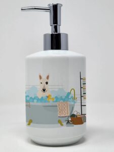 caroline's treasures wdk5835soap white bull terrier in bathtub ceramic soap dispenser hand soap dispenser pump bottles for bathroom kitchen, empty refillable liquid soap container