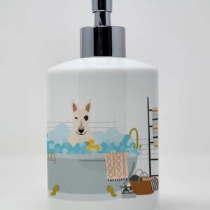 Caroline's Treasures WDK5835SOAP White Bull Terrier in Bathtub Ceramic Soap Dispenser Hand Soap Dispenser Pump Bottles for Bathroom Kitchen, Empty Refillable Liquid Soap Container