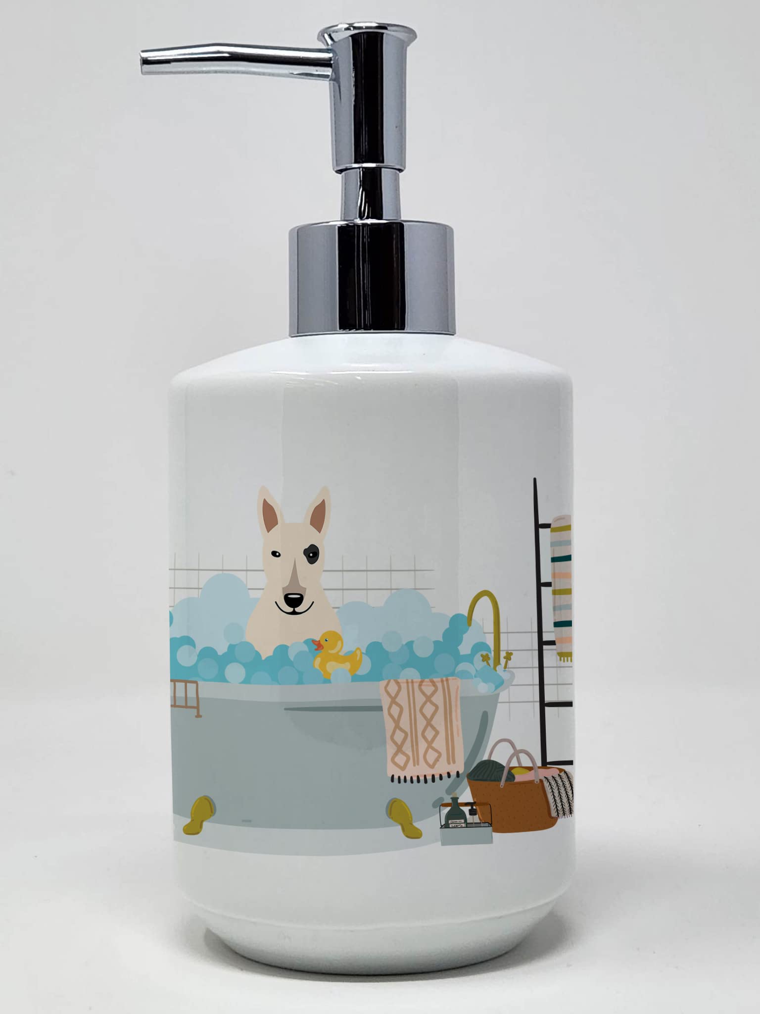 Caroline's Treasures WDK5835SOAP White Bull Terrier in Bathtub Ceramic Soap Dispenser Hand Soap Dispenser Pump Bottles for Bathroom Kitchen, Empty Refillable Liquid Soap Container