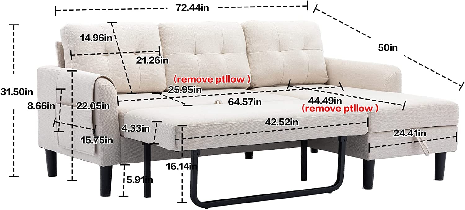 Hdxdkog L Shaped Sectional Sofa 72" Sectional Sleeper Pull-Out Sofa with Storage Chaise, Upholstered Corner L Shaped Living Room Couch with Pocket for Home Office (Beige-1)