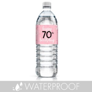 Pink, Black, and White 70th Birthday Party Water Bottle Labels - 24 Waterproof Wrappers, 70th Birthday Decorations for Women