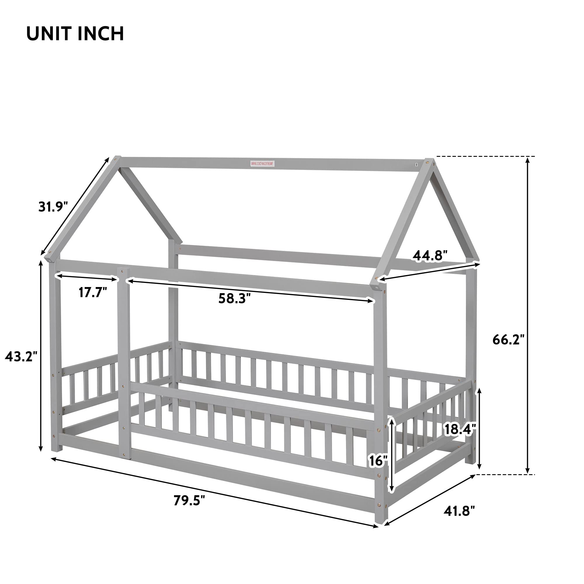 i-POOK Twin Size House Bed Wooden Floor Bed with Roof and Fence Guardrails Montessori Bed Playhouse Bed for Children Girls and Boys, Gray(No Bed Slats)